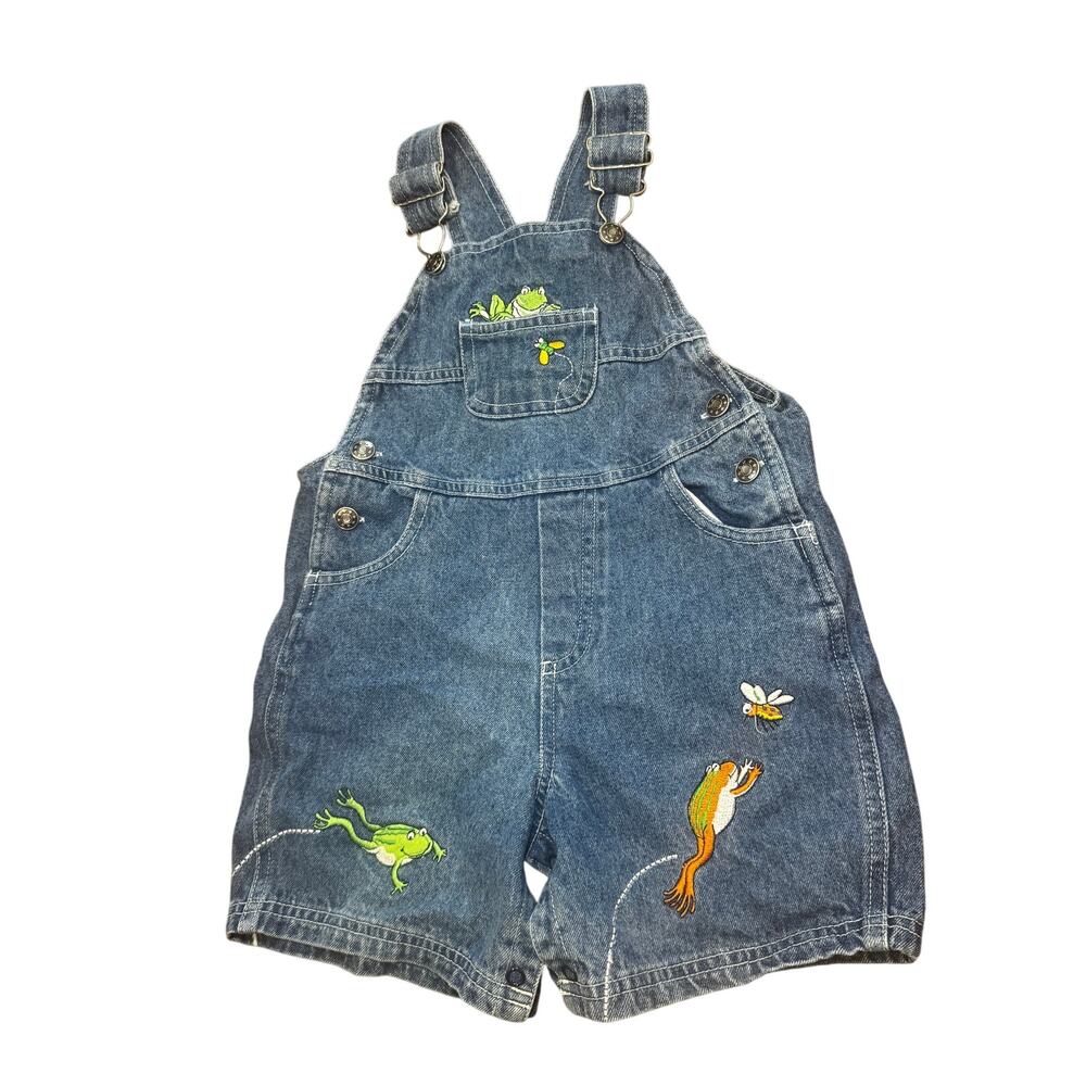 Simply Basic Denim Shortalls Overalls Frogs Embroidered Blue Jean Sz 24 Month